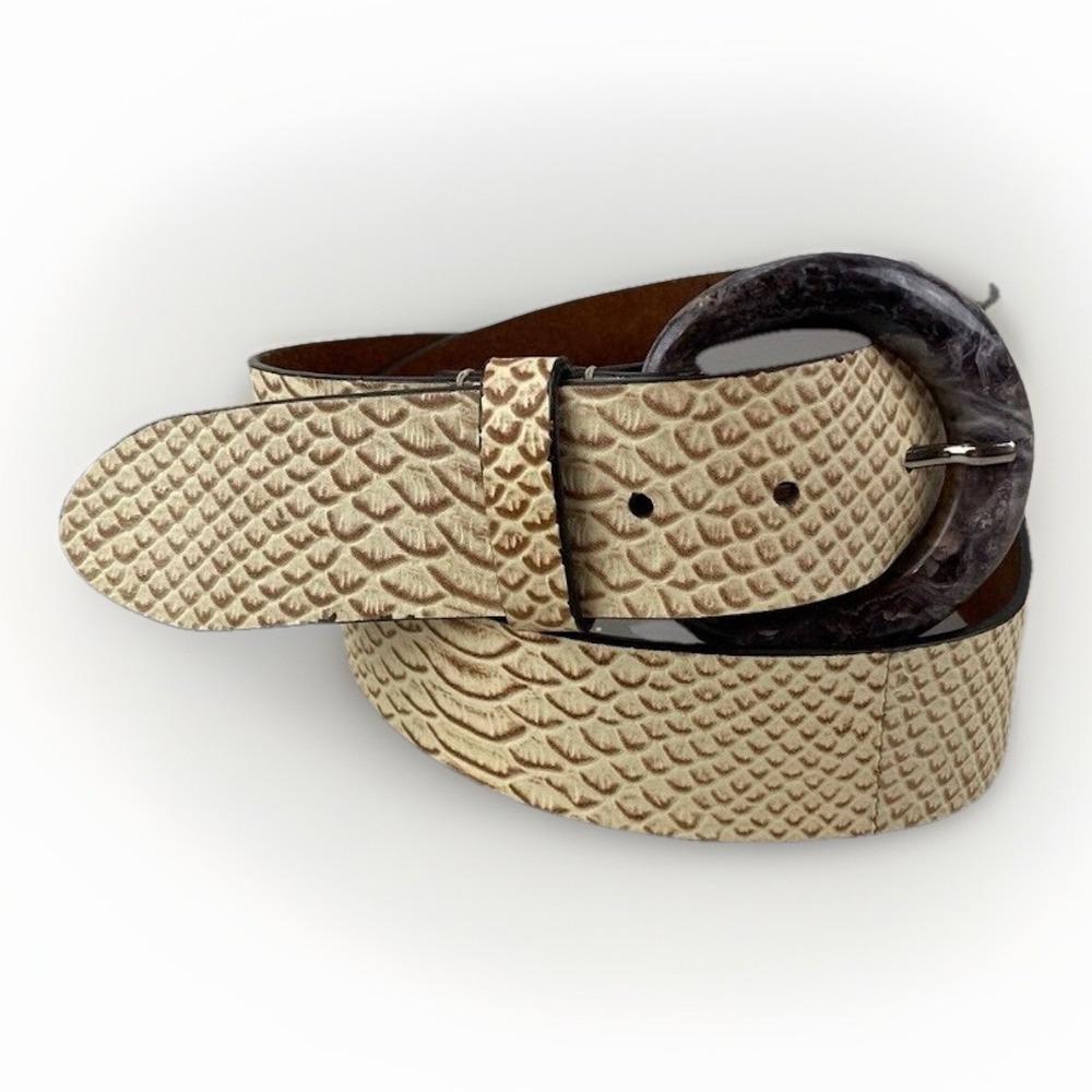 Chicos Leather Belt Cream Snakeskin Print Marble Look Buckle Chicos Size M‎